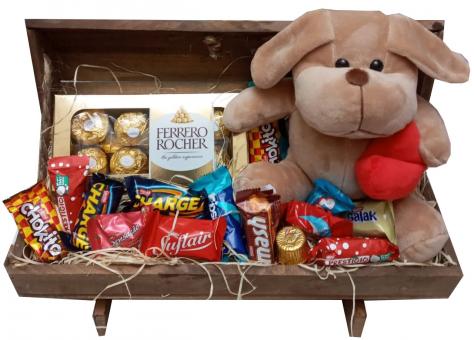CESTA DE CHOCOLATE DELICIAS PARA  VOC� COM PELUCIA CACHORRO DE CARINHO